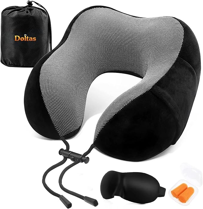 DOLTAS Memory Foam Travel Pillow for Neck Pain Relief, Includes Eye Mask & Noise Isolating Ear Plugs, Portable Combo for Men & Women, Ideal for Long Flights & Road Trips | Velvet Black