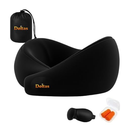 DOLTAS Travel Neck Pillow - 100% Memory Foam Neck Support Pillow for Flight Travel, Adjustable Velcro Straps, Includes Eye Mask & Noise Isolating Ear Plugs with Free Travel Pouch | Velvet Black