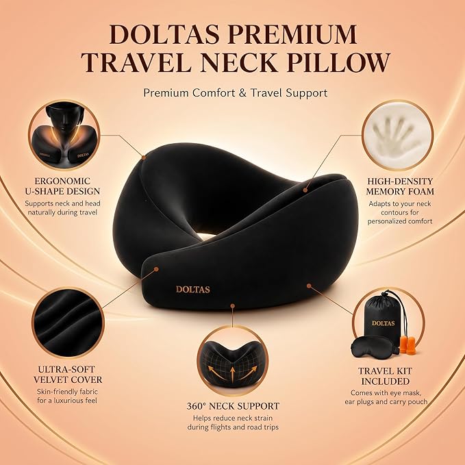 DOLTAS Travel Neck Pillow - 100% Memory Foam Neck Support Pillow for Flight Travel, Adjustable Velcro Straps, Includes Eye Mask & Noise Isolating Ear Plugs with Free Travel Pouch | Velvet Black