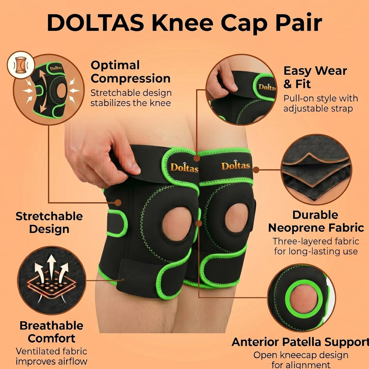 DOLTAS Knee Brace Pair Neon Green – Open Pateela Knee Support for Gym, Running, Arthritis, Joint Pain & Injury Recovery Men & Women| Stabilizes Kneecap & Relieves Knee Pain (2 Pcs)