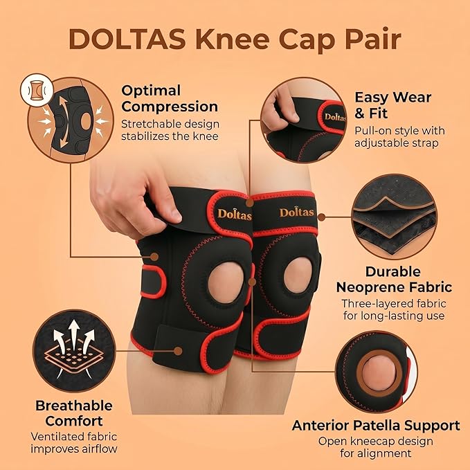 DOLTAS Knee Brace Pair Red – Open Pateela Knee Support for Gym, Running, Arthritis, Joint Pain & Injury Recovery Men & Women| Stabilizes Kneecap & Relieves Knee Pain (2 Pcs)