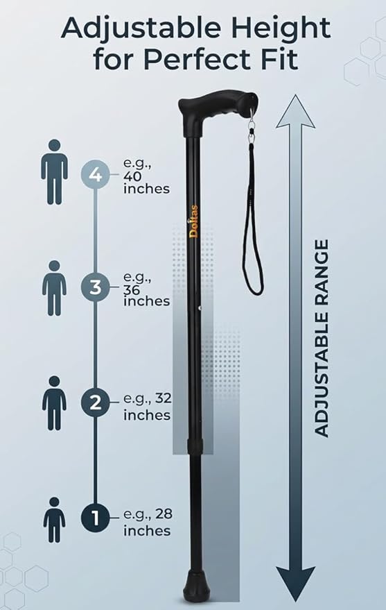 DOLTAS Walking Stick with Adjustable Height | Lightweight Cane for Senior Citizens | Ergonomic Grip Walking | Stable Base Leg Support Stick for Elderly, Patients & Disabled