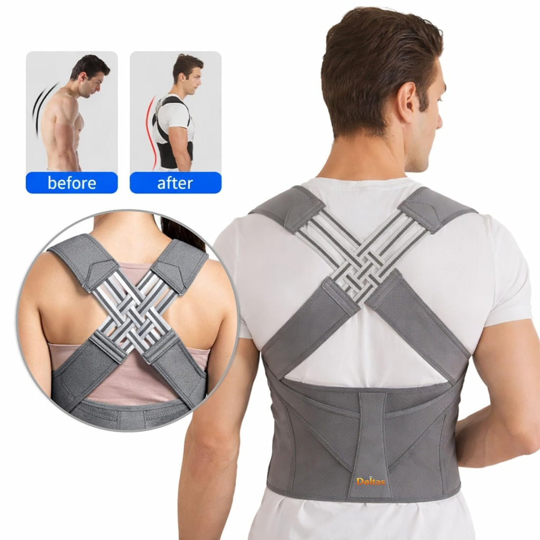 DOLTAS X-Cross Posture Corrector Belt – Universal Size Shoulder & Back Support Belt | Back Straightener Brace for Spine & Body Posture Correction | Clavicle Support for Men & Women | Universal Size (Grey)