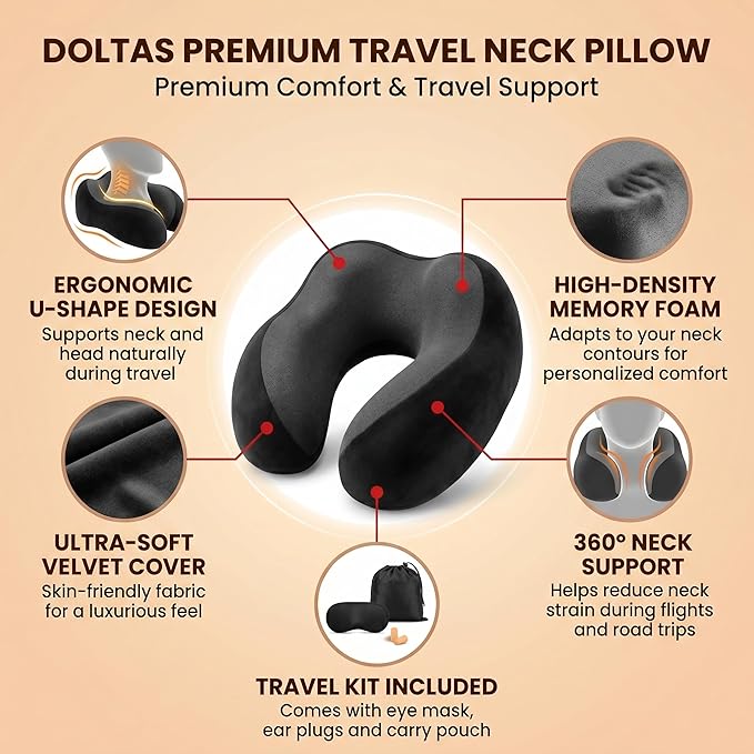 DOLTAS Memory Foam Travel Pillow for Neck Pain Relief, Includes Eye Mask & Noise Isolating Ear Plugs, Portable Combo for Men & Women, Ideal for Long Flights & Road Trips | Velvet Black