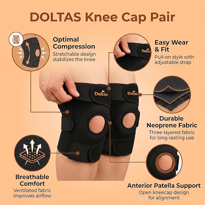 DOLTAS Knee Brace Pair – Compression Knee Cap for Men Pain Relief & Women – Knee Support for Men Gym, Running, Arthritis, Joint Pain, Injury Recovery | (BLACK)