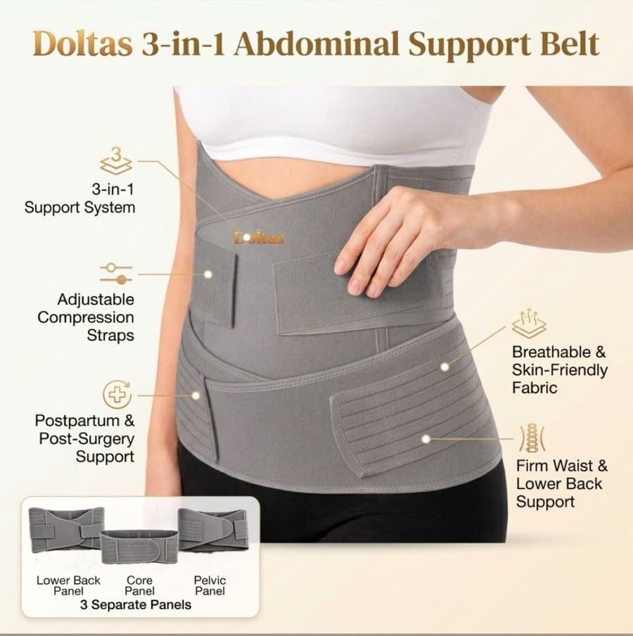 DOLTAS 3-in-1 Post Pregnancy Abdominal Belt for Women – C-Section Abdomen Belt & Belly Wrap for After Delivery Recovery – Adjustable Postpartum Belt, Maternity Belt for Waist, Pelvis & Tummy Support (Free Size) (GREY)