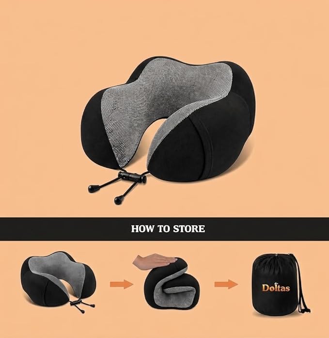 DOLTAS Memory Foam Travel Pillow for Neck Pain Relief, Includes Eye Mask & Noise Isolating Ear Plugs, Portable Combo for Men & Women, Ideal for Long Flights & Road Trips | Velvet Black