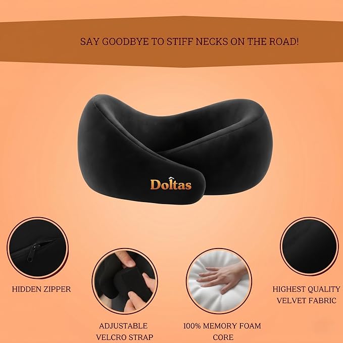 DOLTAS Travel Neck Pillow - 100% Memory Foam Neck Support Pillow for Flight Travel, Adjustable Velcro Straps, Includes Eye Mask & Noise Isolating Ear Plugs with Free Travel Pouch | Velvet Black