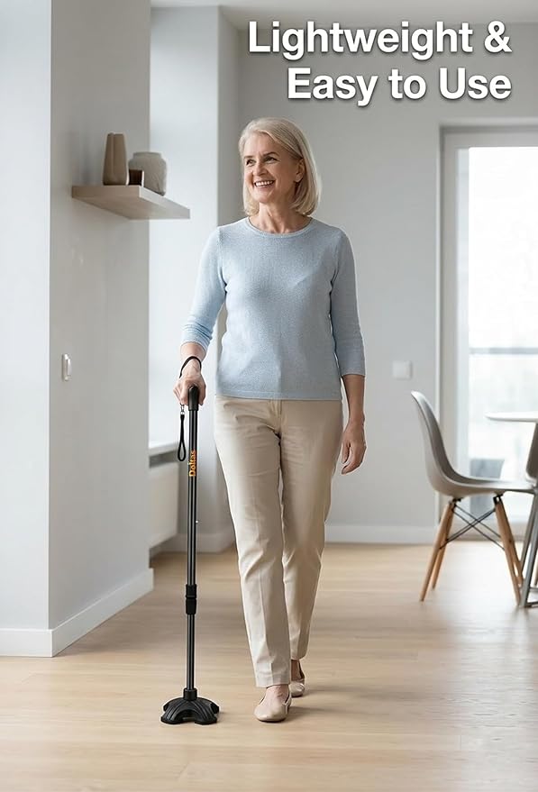 DOLTAS Walking Stick with Self Standing Base | Adjustable Height Lightweight| Ergonomic Grip Walking Cane for Men & Women | Stable Base Leg Support Stick for Elderly, Patients & Disabled.