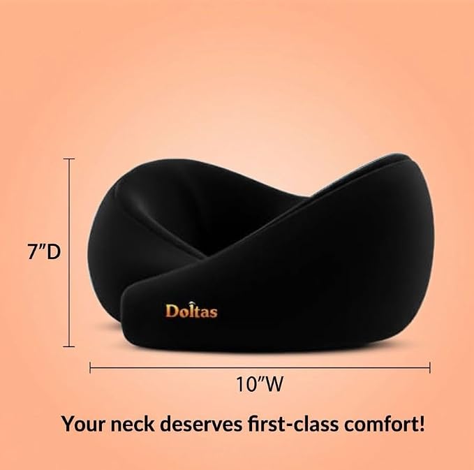 DOLTAS Travel Neck Pillow - 100% Memory Foam Neck Support Pillow for Flight Travel, Adjustable Velcro Straps, Includes Eye Mask & Noise Isolating Ear Plugs with Free Travel Pouch | Velvet Black