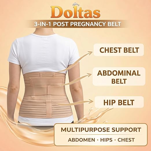DOLTAS 3-in-1 Post Pregnancy Abdominal Belt for Women – C-Section Abdomen Belt & Belly Wrap for After Delivery Recovery – Adjustable Postpartum Belt, Maternity Belt for Waist, Pelvis & Tummy Support (Free Size) (Beige Skin)