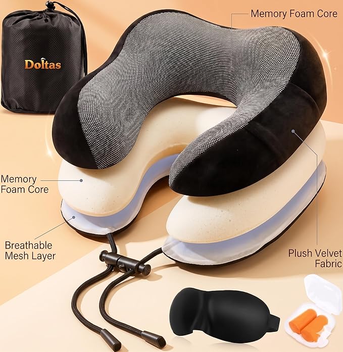 DOLTAS Memory Foam Travel Pillow for Neck Pain Relief, Includes Eye Mask & Noise Isolating Ear Plugs, Portable Combo for Men & Women, Ideal for Long Flights & Road Trips | Velvet Black