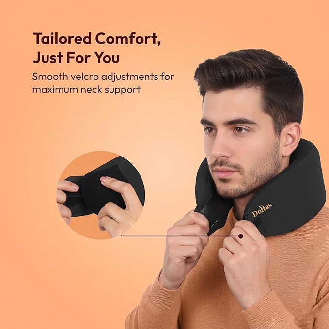 DOLTAS Travel Neck Pillow - 100% Memory Foam Neck Support Pillow for Flight Travel, Adjustable Velcro Straps, Includes Eye Mask & Noise Isolating Ear Plugs with Free Travel Pouch | Velvet Black