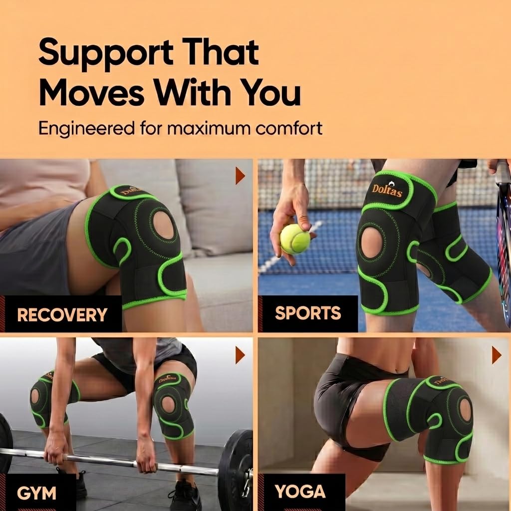 DOLTAS Knee Brace Pair Neon Green – Open Pateela Knee Support for Gym, Running, Arthritis, Joint Pain & Injury Recovery Men & Women| Stabilizes Kneecap & Relieves Knee Pain (2 Pcs)