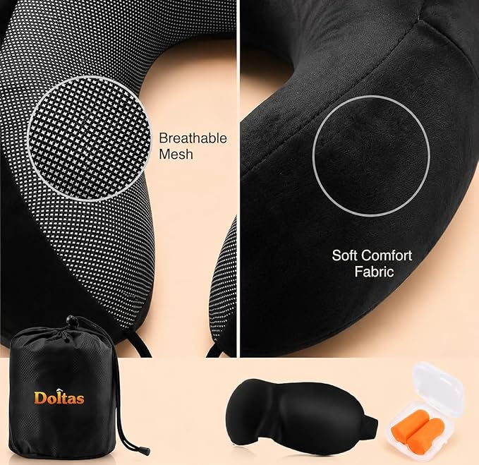 DOLTAS Memory Foam Travel Pillow for Neck Pain Relief, Includes Eye Mask & Noise Isolating Ear Plugs, Portable Combo for Men & Women, Ideal for Long Flights & Road Trips | Velvet Black