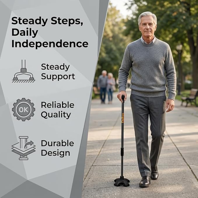 DOLTAS Walking Stick with Self Standing Base | Adjustable Height Lightweight| Ergonomic Grip Walking Cane for Men & Women | Stable Base Leg Support Stick for Elderly, Patients & Disabled.