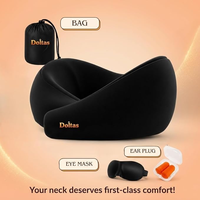 DOLTAS Travel Neck Pillow - 100% Memory Foam Neck Support Pillow for Flight Travel, Adjustable Velcro Straps, Includes Eye Mask & Noise Isolating Ear Plugs with Free Travel Pouch | Velvet Black