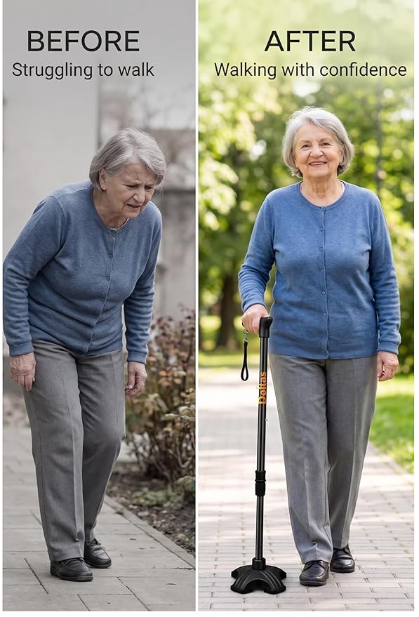 DOLTAS Walking Stick with Self Standing Base | Adjustable Height Lightweight| Ergonomic Grip Walking Cane for Men & Women | Stable Base Leg Support Stick for Elderly, Patients & Disabled.