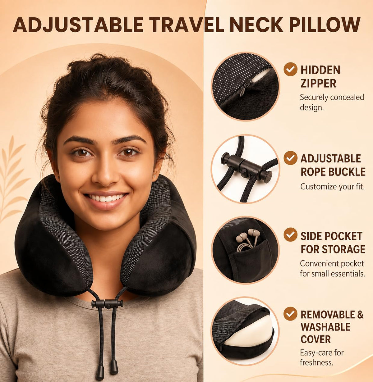 DOLTAS Memory Foam Travel Pillow for Neck Pain Relief, Includes Eye Mask & Noise Isolating Ear Plugs, Portable Combo for Men & Women, Ideal for Long Flights & Road Trips | Velvet Black