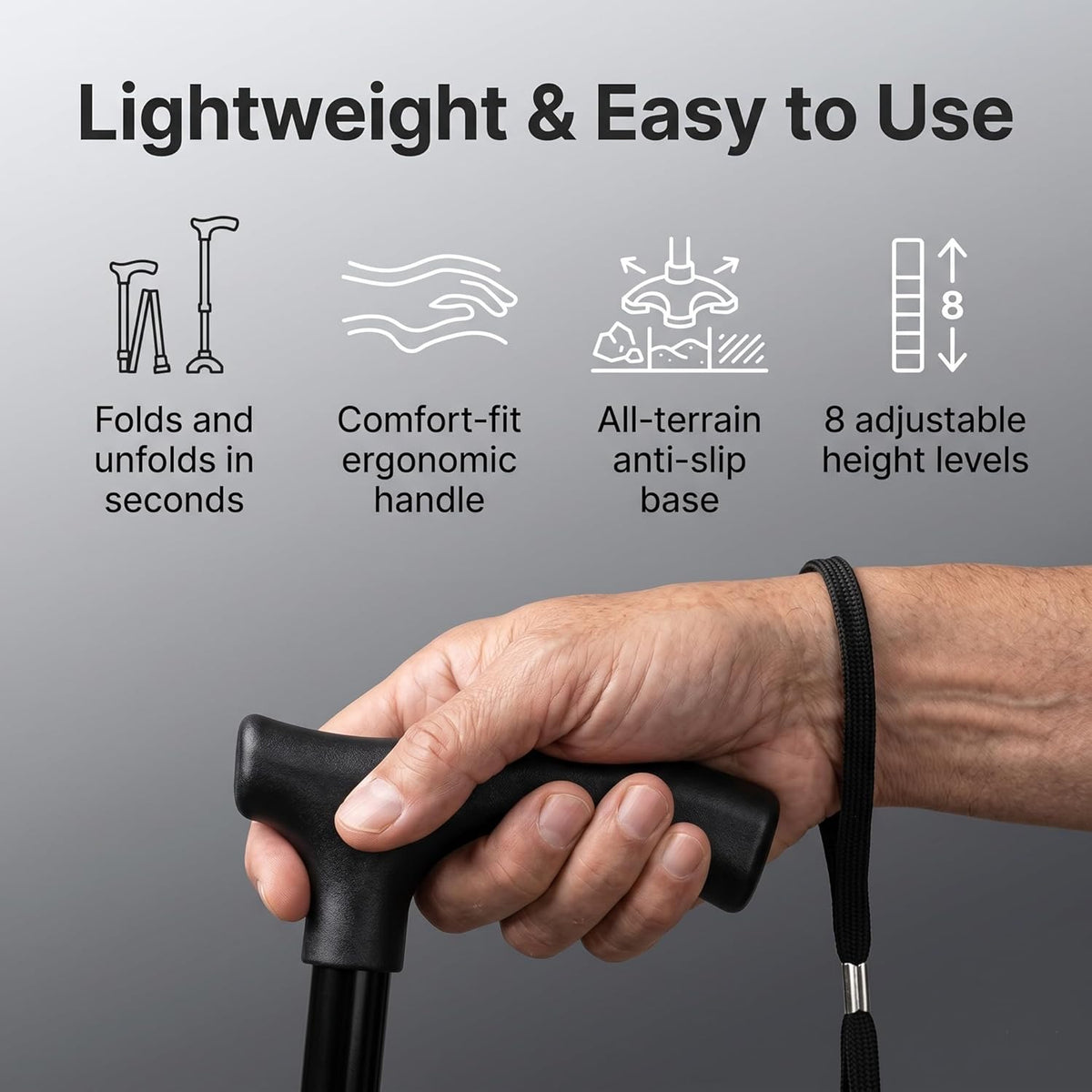DOLTAS Walking Stick with Self Standing Base | Adjustable Height Lightweight| Ergonomic Grip Walking Cane for Men & Women | Stable Base Leg Support Stick for Elderly, Patients & Disabled.
