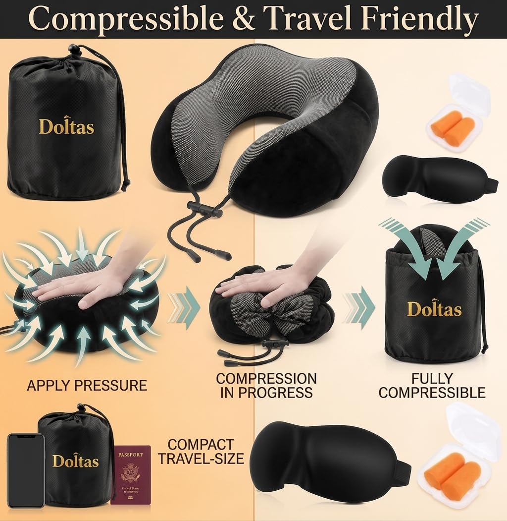 DOLTAS Memory Foam Travel Pillow for Neck Pain Relief, Includes Eye Mask & Noise Isolating Ear Plugs, Portable Combo for Men & Women, Ideal for Long Flights & Road Trips | Velvet Black