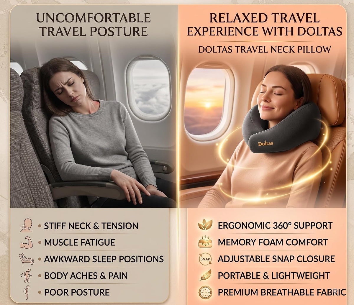 DOLTAS Travel Neck Pillow - 100% Memory Foam Neck Support Pillow for Flight Travel, Adjustable Velcro Straps, Includes Eye Mask & Noise Isolating Ear Plugs with Free Travel Pouch | Velvet Black
