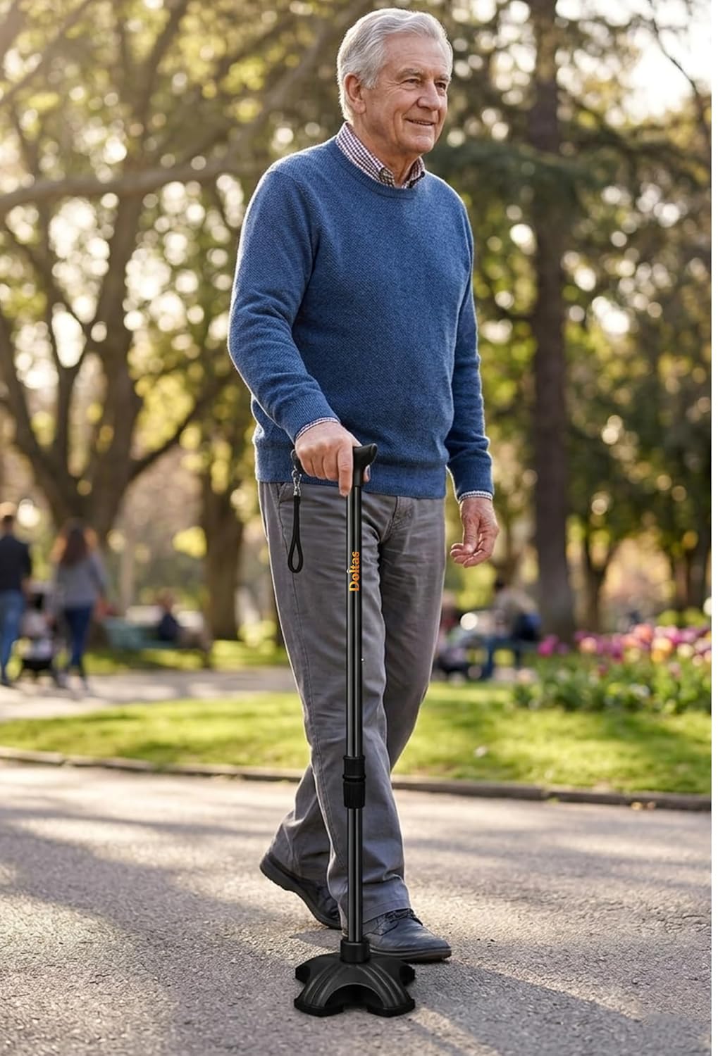 DOLTAS Walking Stick with Self Standing Base | Adjustable Height Lightweight| Ergonomic Grip Walking Cane for Men & Women | Stable Base Leg Support Stick for Elderly, Patients & Disabled.