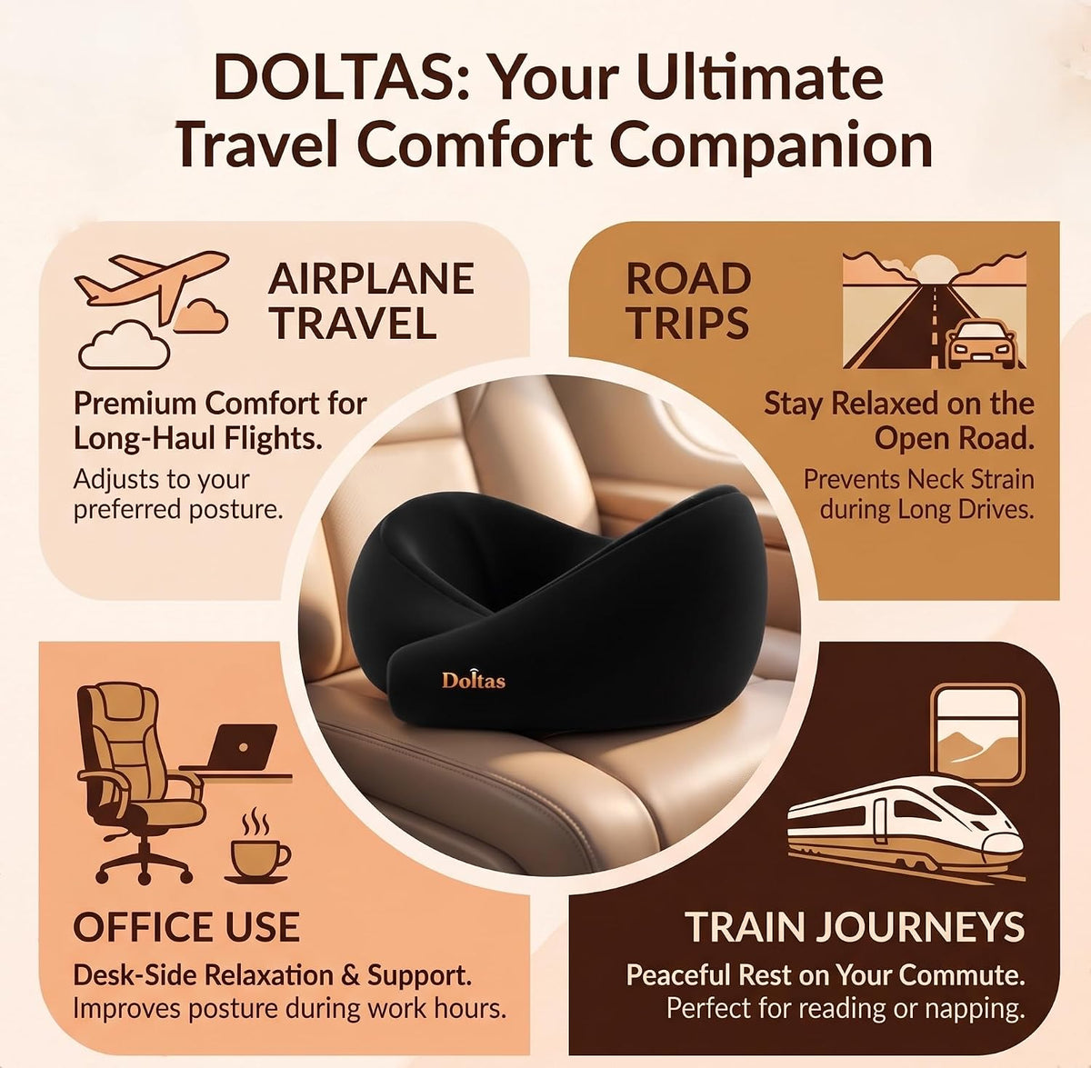 DOLTAS Travel Neck Pillow - 100% Memory Foam Neck Support Pillow for Flight Travel, Adjustable Velcro Straps, Includes Eye Mask & Noise Isolating Ear Plugs with Free Travel Pouch | Velvet Black
